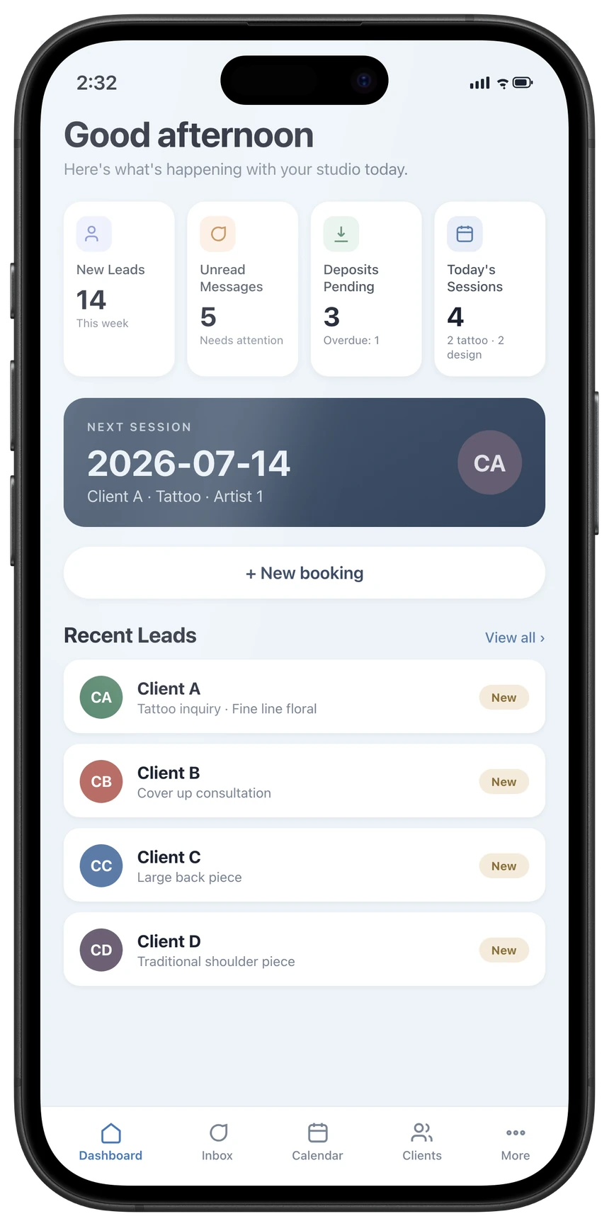Wisettly dashboard on an iPhone: new leads, unread messages, pending deposits and today's sessions